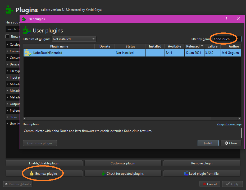 Screenshot: Plugin installation menu